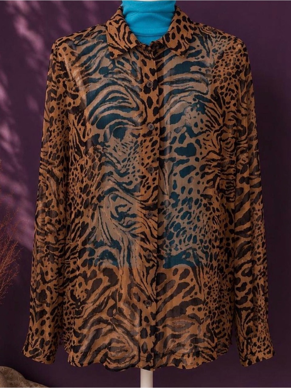 Sheer animal print button down shirt